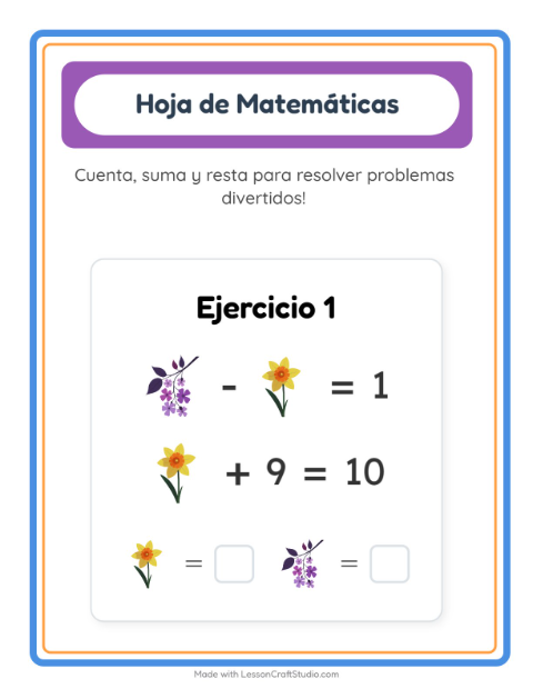 Vista previa de la hoja de Ficha Matemática con Flores para jardín infantil