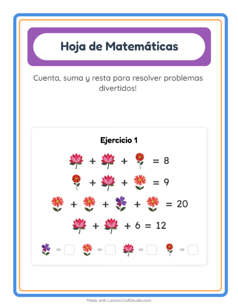 Vista previa de la hoja de Ficha Matemática con Flores para jardín infantil