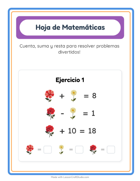 Vista previa de la hoja de Ficha Matemática con Flores para jardín infantil