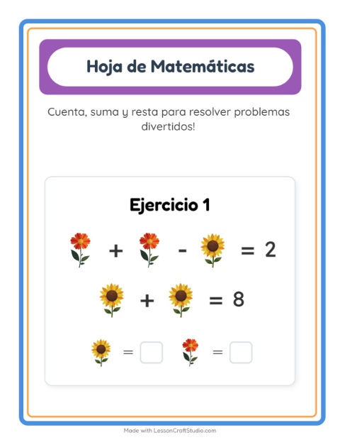 Vista previa de la hoja de Ficha Matemática con Flores para jardín infantil