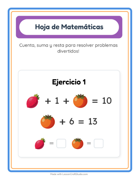 Vista previa de la hoja de Ficha Matemática con Frutas para jardín infantil