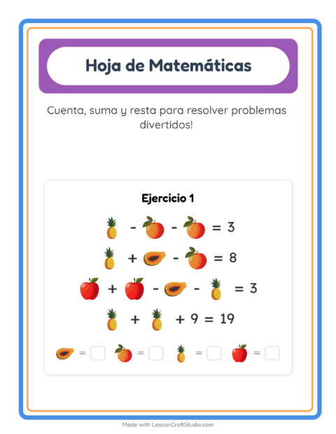 Vista previa de la hoja de Ficha Matemática con Frutas para jardín infantil