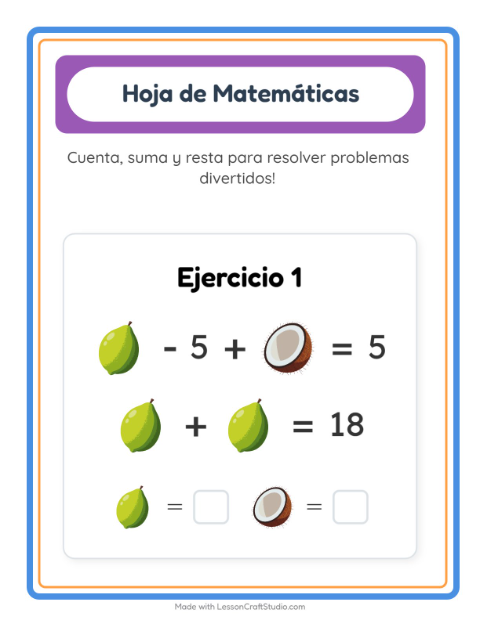 Vista previa de la hoja de Ficha Matemática con Frutas para jardín infantil