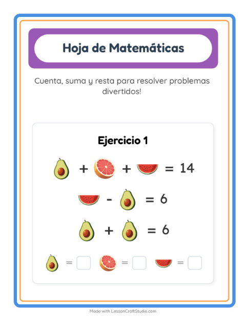 Vista previa de la hoja de Ficha Matemática con Frutas para jardín infantil