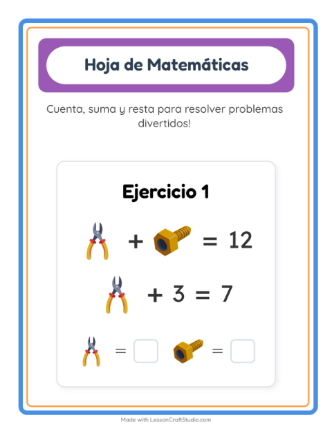 Vista previa de la hoja de Ficha Matemática con Herramientas para jardín infantil