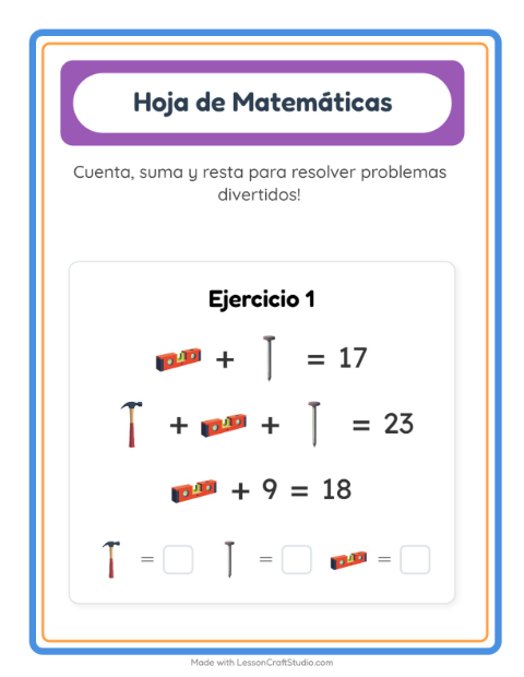 Vista previa de la hoja de Ficha Matemática con Herramientas para jardín infantil