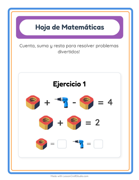 Vista previa de la hoja de Ficha Matemática con Herramientas para jardín infantil