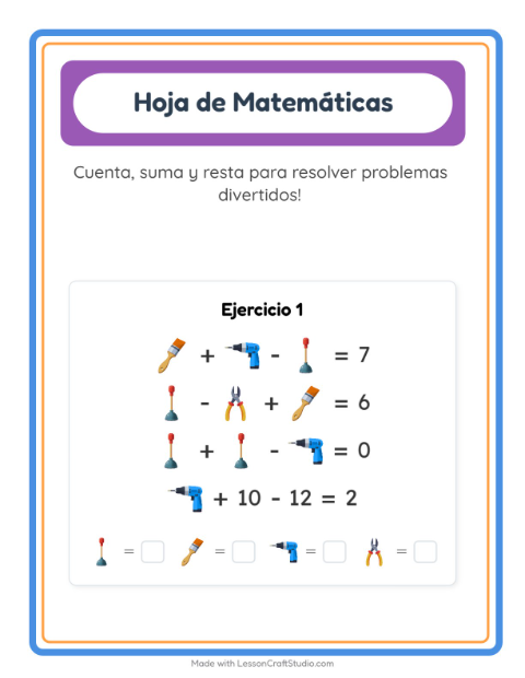 Vista previa de la hoja de Ficha Matemática con Herramientas para jardín infantil
