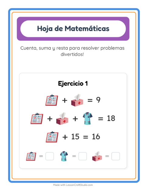 Vista previa de la hoja de Ficha Matemática con Hospital para jardín infantil