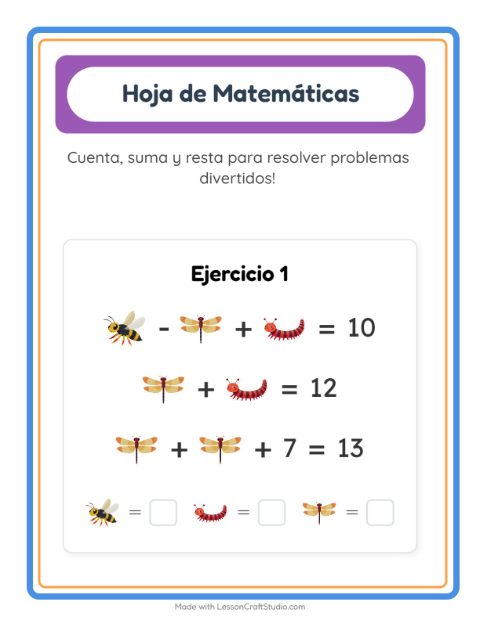 Vista previa de la hoja de Ficha Matemática con Insectos y bichos para jardín infantil