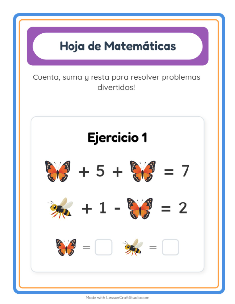 Vista previa de la hoja de Ficha Matemática con Insectos y bichos para jardín infantil