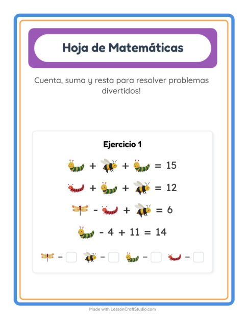 Vista previa de la hoja de Ficha Matemática con Insectos y bichos para jardín infantil