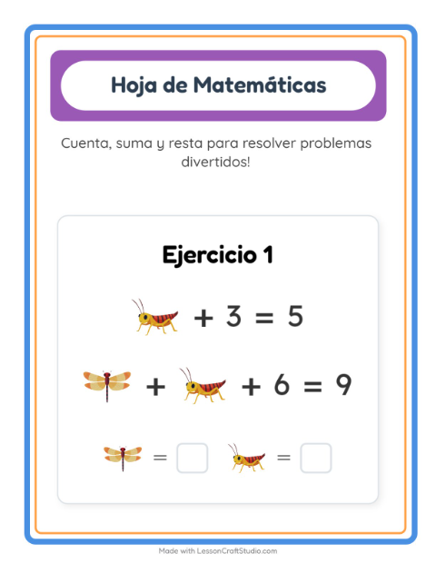 Vista previa de la hoja de Ficha Matemática con Insectos y bichos para jardín infantil