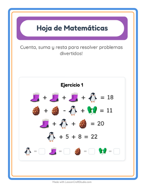 Vista previa de la hoja de Ficha Matemática con Invierno para jardín infantil