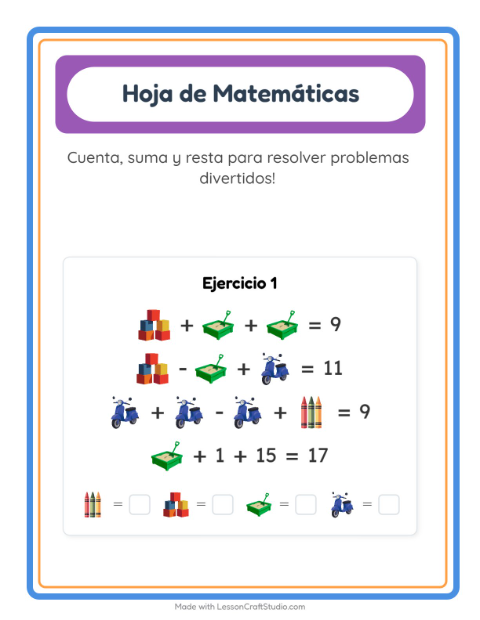 Vista previa de la hoja de Ficha Matemática con Juguetes para jardín infantil