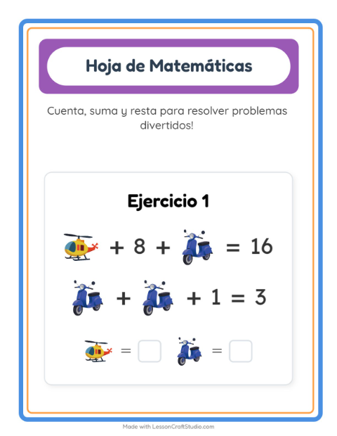 Vista previa de la hoja de Ficha Matemática con Juguetes para jardín infantil
