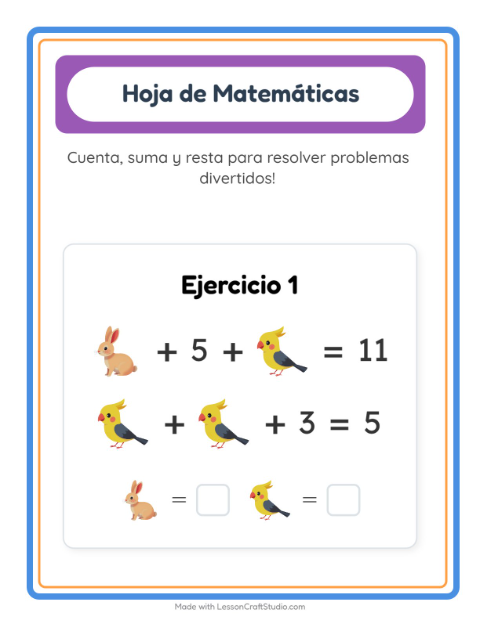 Vista previa de la hoja de Ficha Matemática con Mascotas para jardín infantil