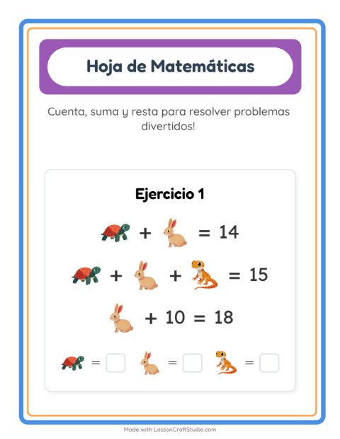 Vista previa de la hoja de Ficha Matemática con Mascotas para jardín infantil