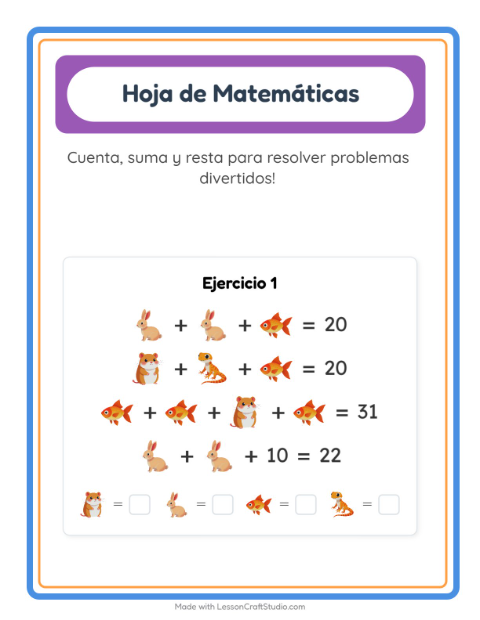 Vista previa de la hoja de Ficha Matemática con Mascotas para jardín infantil