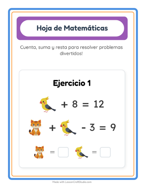 Vista previa de la hoja de Ficha Matemática con Mascotas para jardín infantil