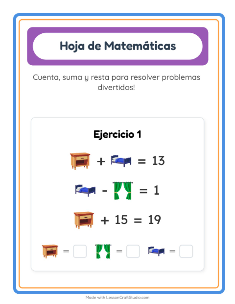Vista previa de la hoja de Ficha Matemática con Muebles para jardín infantil