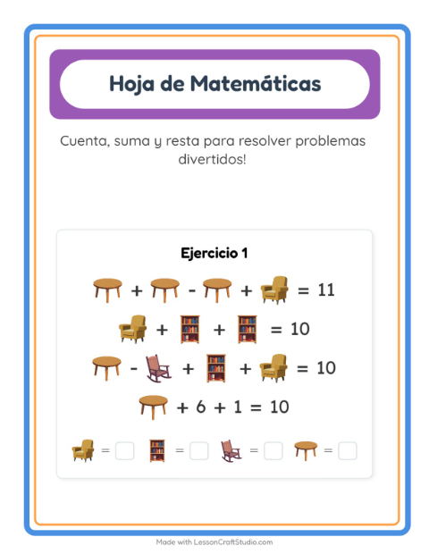 Vista previa de la hoja de Ficha Matemática con Muebles para jardín infantil
