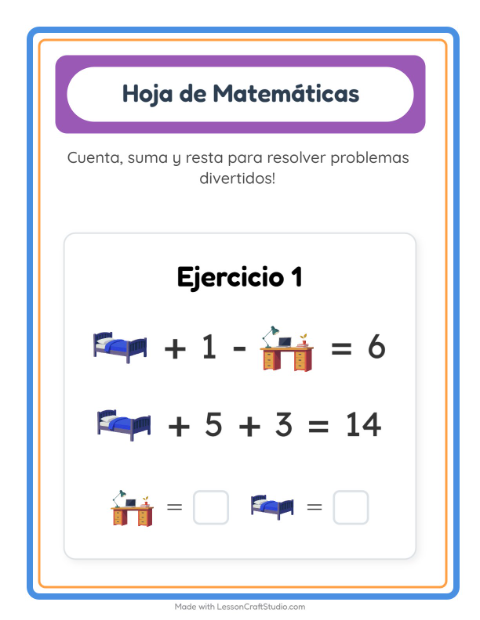 Vista previa de la hoja de Ficha Matemática con Muebles para jardín infantil