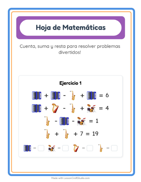 Vista previa de la hoja de Ficha Matemática con Música para jardín infantil