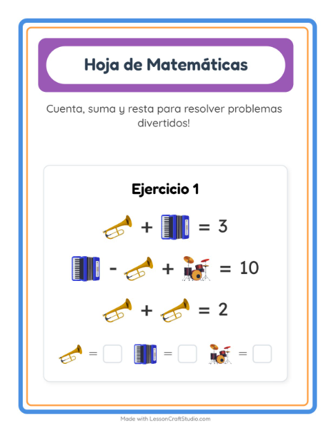 Vista previa de la hoja de Ficha Matemática con Música para jardín infantil