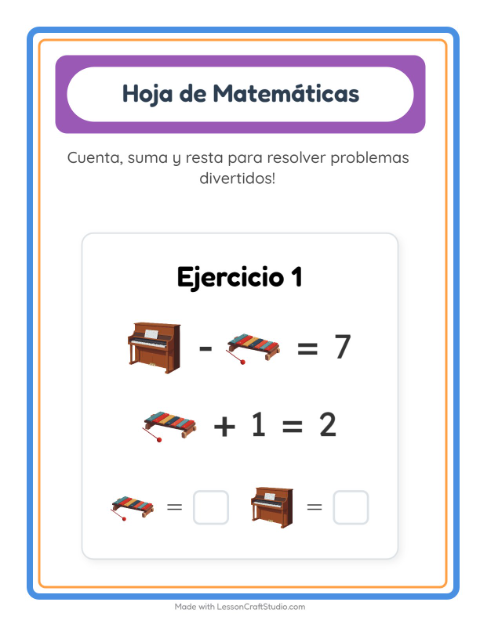 Vista previa de la hoja de Ficha Matemática con Música para jardín infantil