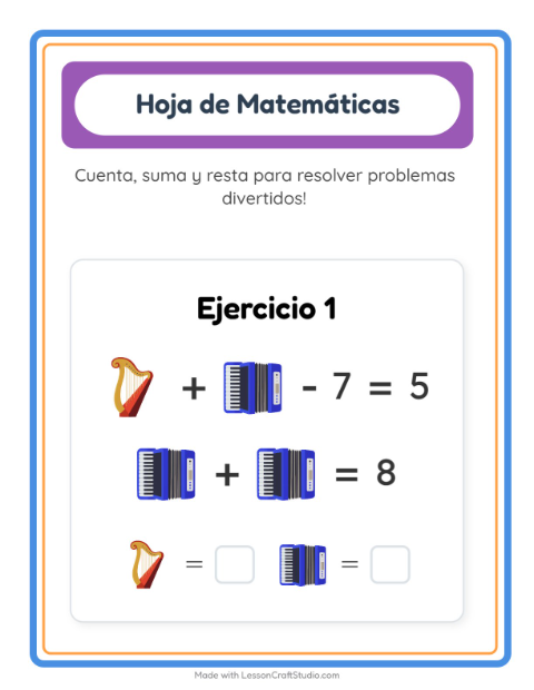 Vista previa de la hoja de Ficha Matemática con Música para jardín infantil