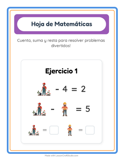 Vista previa de la hoja de Ficha Matemática con Ocupaciones para jardín infantil
