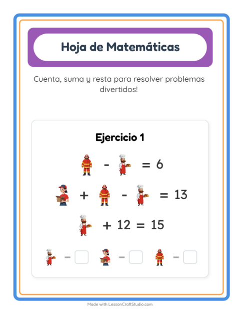Vista previa de la hoja de Ficha Matemática con Ocupaciones para jardín infantil