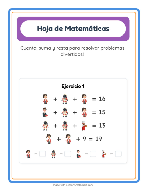 Vista previa de la hoja de Ficha Matemática con Ocupaciones para jardín infantil