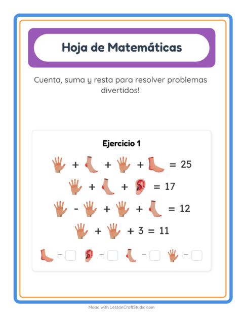 Vista previa de la hoja de Ficha Matemática con Partes del cuerpo para jardín infantil