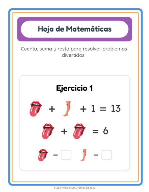 Vista previa de la hoja de Ficha Matemática con Partes del cuerpo para jardín infantil