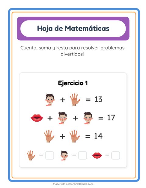 Vista previa de la hoja de Ficha Matemática con Partes del cuerpo para jardín infantil