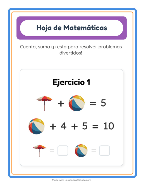 Vista previa de la hoja de Ficha Matemática con Playa para jardín infantil