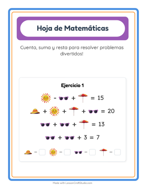 Vista previa de la hoja de Ficha Matemática con Playa para jardín infantil