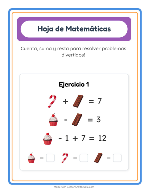 Vista previa de la hoja de Ficha Matemática con Postres y dulces para jardín infantil