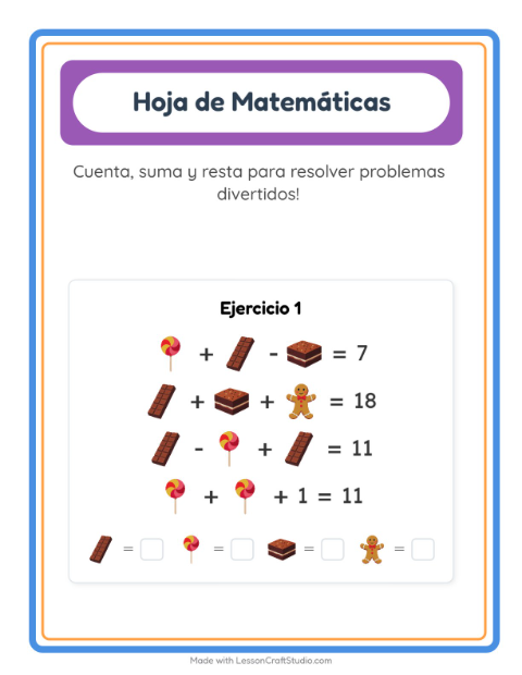 Vista previa de la hoja de Ficha Matemática con Postres y dulces para jardín infantil