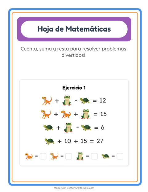 Vista previa de la hoja de Ficha Matemática con Reptiles y anfibios para jardín infantil