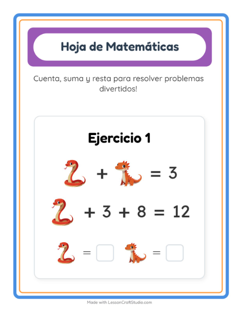 Vista previa de la hoja de Ficha Matemática con Reptiles y anfibios para jardín infantil