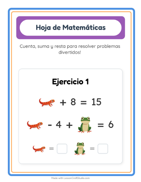 Vista previa de la hoja de Ficha Matemática con Reptiles y anfibios para jardín infantil