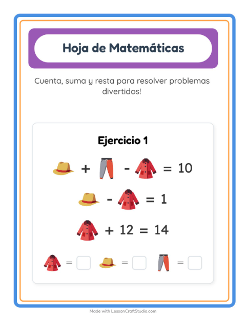 Vista previa de la hoja de Ficha Matemática con Ropa para jardín infantil