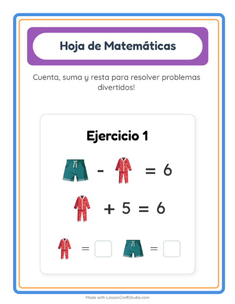 Vista previa de la hoja de Ficha Matemática con Ropa para jardín infantil