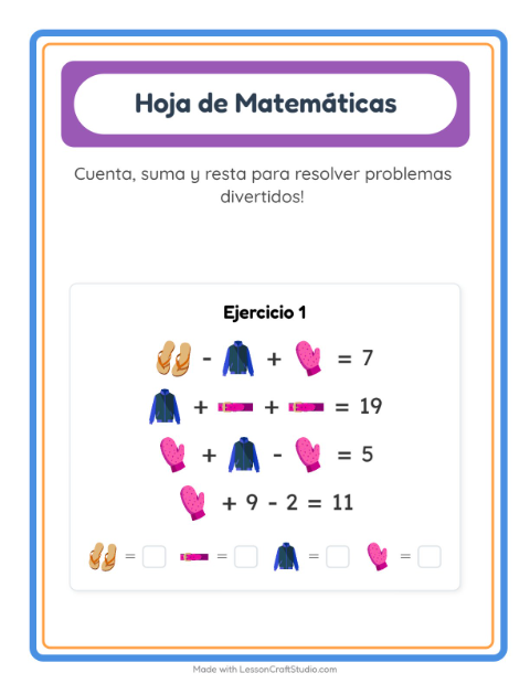 Vista previa de la hoja de Ficha Matemática con Ropa para jardín infantil