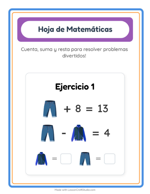 Vista previa de la hoja de Ficha Matemática con Ropa para jardín infantil