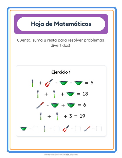 Vista previa de la hoja de Ficha Matemática con Utensilios de cocina para jardín infantil