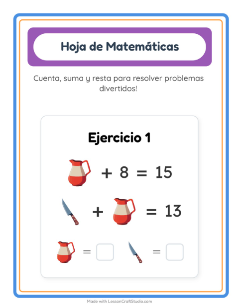 Vista previa de la hoja de Ficha Matemática con Utensilios de cocina para jardín infantil